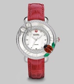 This limited edition timepiece boasts a diamond bezel with mother-of-pearl details on a luxurious alligator strap. Swiss quartz movementWater resistant to 5 ATMRound stainless steel case, 38mm (1.5)Diamond accented mother-of-pearl bezel, .52 tcwMother-of-pearl dialDot hour markersSecond hand Red alligator strap, 16mm wide (0.6)Imported