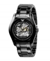 Completely modern sophistication, by Emporio Armani. Watch crafted of black ceramic bracelet and round case. Black skeleton dial reveals watch's inner workings and features ion-plated gunmetal accents, logo at twelve o'clock, printed minute track, and three hands. Automatic movement. Water resistant to 30 meters. Two-year limited warranty.