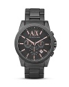 Armani Exchange's slim-faced stainless steel chronograph strikes a bold balance between sporty and sleek. Slip on the fuss-free style when the details count.