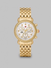 From the CSX Collection. A dazzling diamond accented design with a technical chronograph dial on a goldtone bracelet.Swiss quartz movementWater resistant to 5 ATMRound goldtone stainless steel case, 36mm (1.4)Diamond accented bezel and markers, .64 tcwMother-of-pearl chronograph dialDate function at 6 o'clockSecond handGoldtone stainless steel link braceletImported