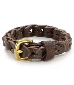 This braided leather bracelet is offset by a gold metal buckle for a classic masculine look.