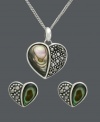 Sparkle inspired by the sea. Pair your ensemble with this matching Genevieve & Grace jewelry set. Heart-shaped pendant and stud earrings feature a half and half design with shimmery abalone shells and glittering marcasite. Set in sterling silver. Approximate necklace length: 18 inches. Approximate pendant drop: 3/4 inch. Approximate earring diameter: 5/16 inch.