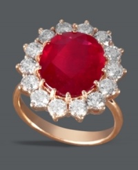 Royally intriguing. Effy Collection's stunning circular ring features a round-cut ruby (6-5/8 ct. t.w.) surrounded by a halo of round-cut diamonds  (2 ct. t.w.). Set in 14k rose gold. Approximate diameter: 4/5 inch.