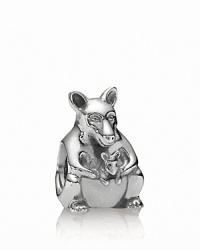 PANDORA's sterling silver charm depicts a devoted mama kangaroo with her sweet baby in tow.