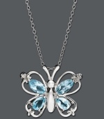 Take your style to new heights in this nature-inspired pendant by Victoria Townsend. Pear and marquise-cut blue topaz (2-3/8 ct. t.w.) adds a colorful touch to this diamond-accented butterfly. Crafted in sterling silver. Approximate length: 18 inches. Approximate drop: 3/4 inch.