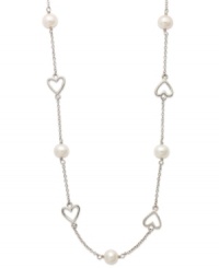 Sweet romance. This delicate sterling silver necklace features petite, cut-out hearts and cultured freshwater pearls (6-6-1/2 mm). Approximate length: 16-1/2 inches.