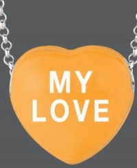 Everyone's favorite sentimental sweet. Sweethearts' adorable heart-shaped pendant expresses more that just great style with the words MY LOVE written across a bright orange enamel surface. Pendant crafted in sterling silver. Copyright © 2011 New England Confectionery Company. Approximate length: 16 inches + 2-inch extender. Approximate drop: 5/8 inch.