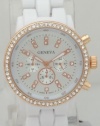 Geneva Quartz Chronograph-style Look Rhinestone on Bezel Rose Gold Case White Plastic band