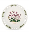 Plant this pierced accent plate alongside other classic pieces from Portmeirion's Botanic Garden dinnerware collection for added charm. Pink cyclamen flowers bloom and entice colorful butterflies on white porcelain with a triple-leaf border.