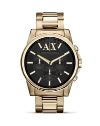 Armani Exchange crafts a classically styled statement with this plated metal watch. Crafted of stainless steel, it flaunts bold style with an eye-catching three eye chronograph.