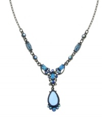 A tasteful tear drop pendant creates a fashionable focal point for 2028's Y necklace. Crafted in hematite tone mixed metal with sapphire-hued crystals. Approximate length: 16 inches + 3-inch extender. Approximate drop: 1-1/4 inches.