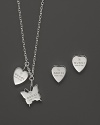 From the Trademark collection comes this box set of sterling silver heart stud earrings and necklace with butterfly and heart charms. Designed by Gucci.