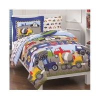 Trucks Tractors Cars Boys Blue and Red 5 Piece Twin Comforter Set