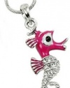 Adorable Whimsical Small Dark Pink and Crystal Seahorse Pendant and Necklace