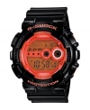 Bigger is better so strap on this larger-than-life watch by G-Shock. Black resin strap and round case with logo at bezel. Orange digital display dial features shock resistance, auto LED, flash alert, world time, five independent alarms, stopwatch, countdown timer, 12/24-hour formats, multi-home time and 7-year battery. Quartz movement. Water resistant to 200 meters. One-year limited warranty.