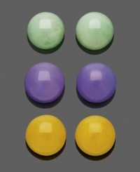 Add a simple pop of color in three brilliant shades. Multicolored jade stud earrings (8 mm) in green, purple, and yellow add vivid polish to any look. Post setting crafted in sterling silver. Approximate diameter: 8 mm.