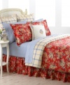 Bright and beautiful, Lauren Ralph Lauren's Madeline comforter set brings a classic look to the bedroom in cheerful cherry red. A smart dishtowel plaid on the comforter reverse complements the cotton sateen flower print for a refreshing, uplifting appeal. Featuring finished with chambray cording; gathered bedskirt with split corners.