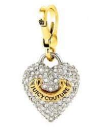 Juicy Couture PUFFED PAVE HEART Charm; Silver and Gold with Rhinestones in Juicy Gift Box