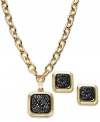 Stylish squares stand out in this pendant necklace and stud earrings set from Charter Club. Crafted from gold-tone mixed metal, the pieces pop with jet stones in the center. Items come packaged in a signature Charter Club box. Approximate length, necklace: 16 inches + 3-inch extender. Approximate drop: 1 inch. Approximate drop, earrings: 1/2 inch.