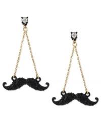 Get a handlebar on things with this set of chandelier earrings from Betsey Johnson. Crafted from gold-tone mixed metal and black glass crystal accents, this whimsical set will make you feel like the hair apparent. Approximate drop: 2-1/10 inches.