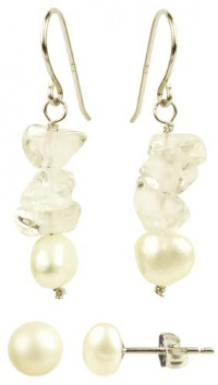 Sterling Silver Crystal and 6-7mm White Freshwater Cultured Pearl Earrings Set, 2 Pairs