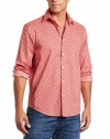 Perry Ellis Men's Long Sleeve Woven Printed Shirt, Raspberry, Large Small Petite