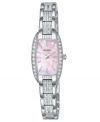 Perfectly pretty, all day and all night. This versatile Pulsar watch features a stainless steel bracelet and rounded rectangular case. Bezel and bracelet crystallized by Swarovski elements. Pink mother-of-pearl dial with silvertone stick indices and logo. Quartz analog movement. Water resistant to 30 meters. Three-year limited warranty.