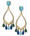 Bohemian style from Lauren Ralph Lauren. These gypsy earrings flaunt a teardrop hoop with dangling genuine jade, calcite green turquoise, lapis and blue turquoise beads. Crafted in 14k gold plated mixed metal. Approximate drop: 2-1/4 inches. Approximate diameter: 1 inch.