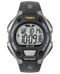 From training to timekeeping, this Timex watch covers all the bases. Black and gray resin strap and round case. Digital display dial with INDIGLO and stopwatch. Quartz movement. Water resistant to 100 meters. One-year limited warranty.