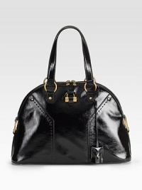 An elegant essential, understated and classic, in shining patent leather with golden hardware accents. Double handles, about 7½ drop Double top zipper closure Inside zipper and cell phone pockets Protective metal feet Fully lined 17W X 11H X 5D Made in Italy