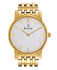 Clean lines and precise time. Classic watch by Bulova crafted of gold tone stainless steel bracelet and round case. Silver tone dial features applied gold tone stick indices, black minute track, two hands and logo. Quartz movement. Water resistant to 30 meters. Three-year limited warranty.