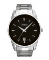 A sophisticated statement for a modern man. Watch by Caravelle by Bulova crafted of silver tone mixed metal bracelet and large, round case. Glossy black enamel dial features silver tone stick indices, date window at six o'clock, three hands and logo. Quartz movement. Water resistant to 30 meters. Two-year limited warranty.