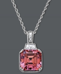 A pretty pop of color. Arabella's dazzling drop pendant features a princess-cut pink Swarovski zirconia (9-1/4 ct. t.w.) with sparkling clear cubic zirconias at the edges (3/8 ct. t.w.). Crafted in sterling silver. Approximate length: 18 inches. Approximate drop:3/4 inch.