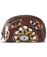 Lipstick, compact, blush, eye-shadow--this cool cosmetic case from Fossil fits them all with ease. Crafted in sturdy coated canvas with a fully lined interior, it ensures makeup mishaps won't ruin anything on the outside.