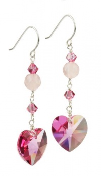 Faceted Rose Quartz Bead and Swarovski Elements Crystal Heart and Bicone Drop Earrings