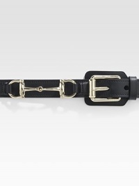 Square buckle with horsebit detail on a leather strap. Light gold hardware About 1 wide Made in Italy 