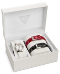 Change your style on the fly with this chic interchangeable watch set from GUESS.