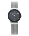 Timeless design with contemporary appeal, by Skagen Denmark. Watch crafted of stainless steel mesh bracelet and round case with mirrored bezel. Black dial features crystal accents at markers, two silver tone hand and logo. Quartz movement. Water resistant to 30 meters. Limited lifetime warranty.