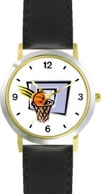 Basketball, Hoop, Backboard, Swish Basketball Theme - WATCHBUDDY® DELUXE TWO-TONE THEME WATCH - Arabic Numbers - Black Leather Strap-Children's Size-Small ( Boy's Size & Girl's Size )