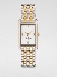 A classic timepiece in a high-contrast, two-tone design. Quartz movementWater resistant to 3 ATMRectangular silvertone case, 32mm (1.25) X 36mm (0.8)Smooth bezelMother-of-pearl dialNumeric hour markersSecond hand Two-tone link braceletImported