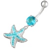 14Gauge (1.6mm), 3/8 Inch (10mm) starfish Aquamarine Swarovski Crystal Ferido dangle belly dangling navel button ring dangly bar AFYH - Pierced Body Piercing Jewelry