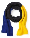 Bundle up in kate spade new york's chunky knit scarf with navy, royal blue and yellow colorblocking.