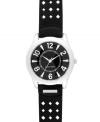 Bold with eye-popping details, this Nine West watch adds instant appeal. Crafted of black perforated leather strap with logo detail and round silver tone mixed metal case. Black dial features inner minute track, silver tone applied numerals and stick indices, hour and minute hand, sweeping second hand and logo at six o'clock. Quartz movement. Limited lifetime warranty.