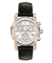 A richly handsome timepiece with understated feminine detail, by Bulova. Watch crafted of black alligator-grain leather strap and round two-tone stainless steel case. White and silver tone patterned chronograph dial features eight diamond accents at markers, date window at four o'clock, three subdials, luminous hands, logo and rose-gold tone accents. Quartz movement. Water resistant to 30 meters. Three-year limited warranty.