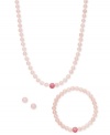 A fun update to your accessory collection, this matching set features a necklace, stretch bracelet and stud earrings crafted from rose quartz (6-8 mm) and crystal beads. Set in sterling silver. Approximate length (necklace): 18 inches. Approximate length (bracelet): 7 inches. Approximate diameter: 1/3 inch.