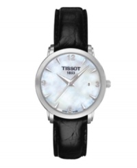 For any look, for any occasion, Tissot's Everytime watch stuns. Black leather strap and round stainless steel case. Mother-of-pearl dial features silvertone numerals at twelve, three, six and nine o'clock, stick indices and black logo. Swiss movement. Water resistant to 30 meters. Two-year limited warranty.