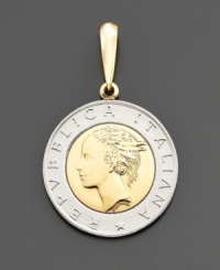 A special tribute to Italian gold. This bold pendant features a stunning Lira coin set in 14k gold. Measures 1-1/2.