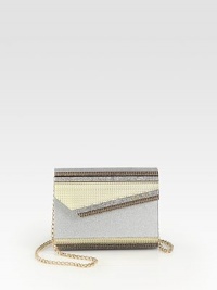 Textured metallic acrylic crafted in a chic flap design that can be worn along the shoulder or held as a clutch.Chain shoulder strap, 21½ dropFlap snap closureOne inside open pocketSatin lining6½W X 5H X 2DMade in Italy