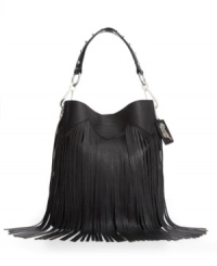 A little fringe goes a long way on this eye-catching Carlos by Carlos Santana bag. A studded handle and shiny silvertone hardware perfectly complete this rocker-chic design.