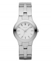 A tiny timepiece with big style. Watch by DKNY crafted of polished stainless steel bracelet and round case. Matte silver tone dial features stick indices, three hands and logo. Quartz movement. Water resistant to 50 meters. Two-year limited warranty.